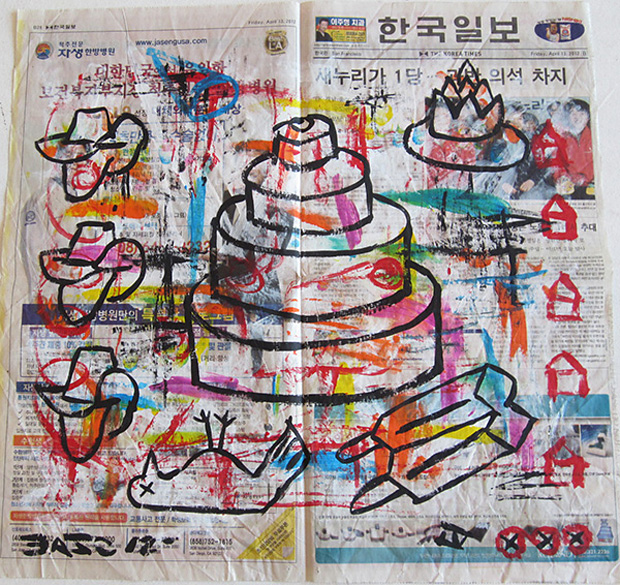 Untitled (acrylic & collage on Korean newsprint) by Gary John