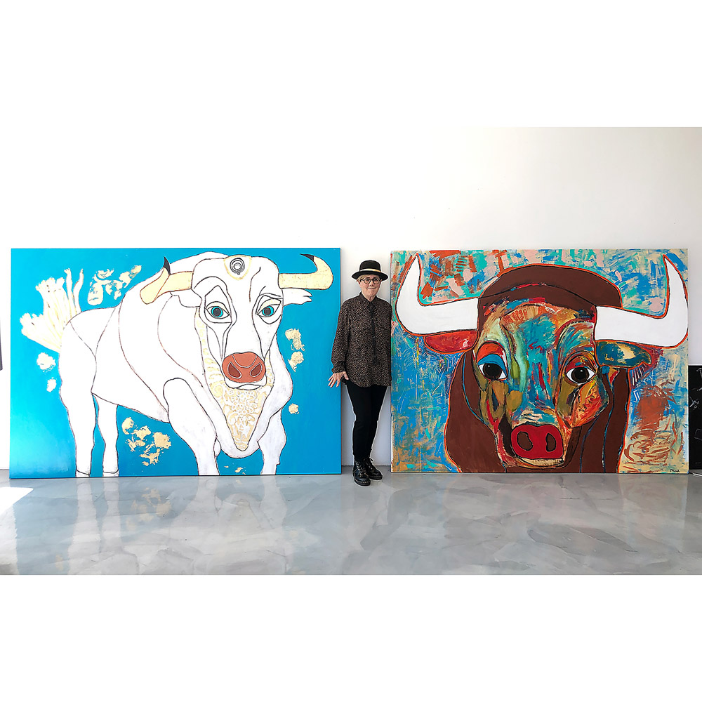 The artist Melinda Mcleod with Taj and Bulltiful