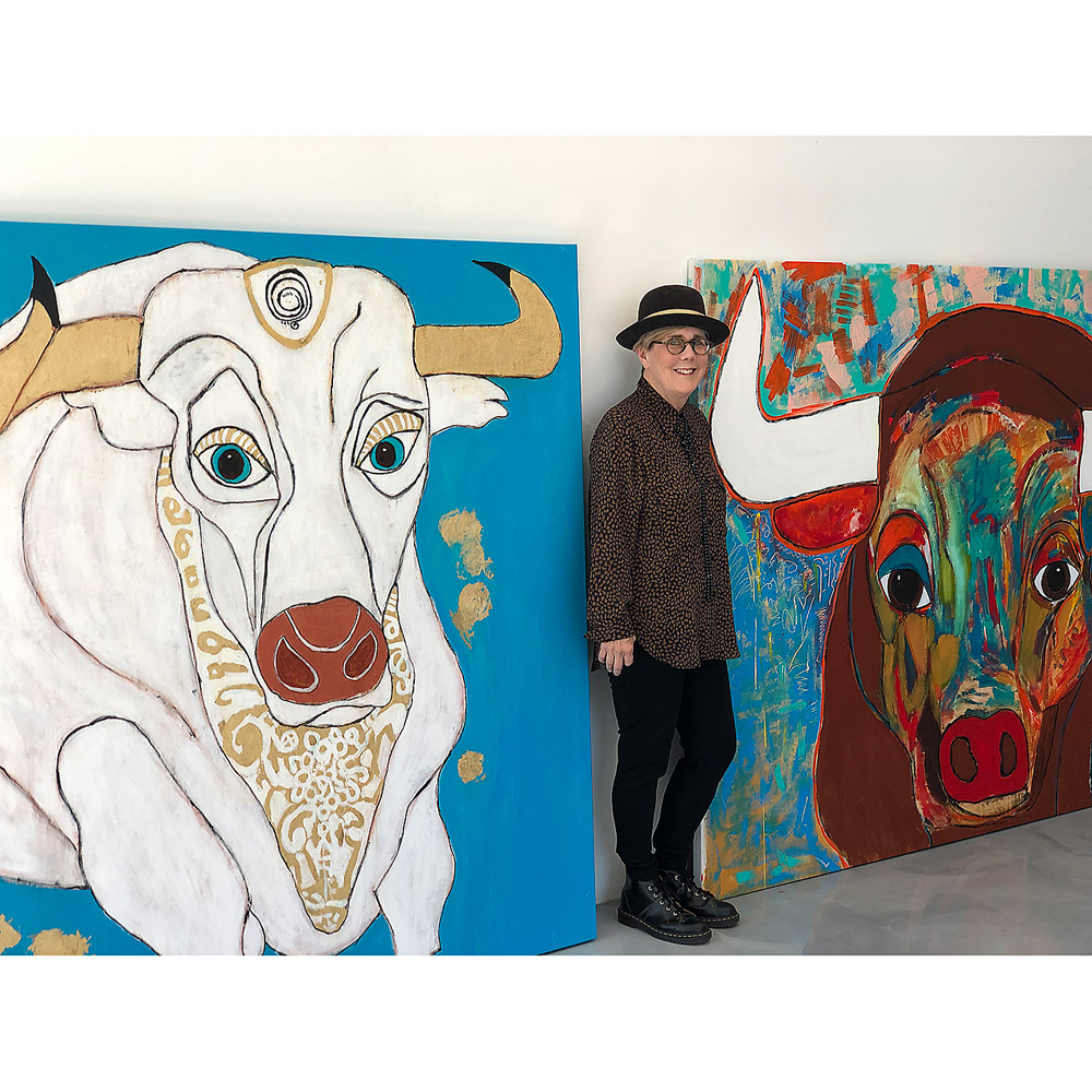 The artist Melinda Mcleod with Taj and Bulltiful